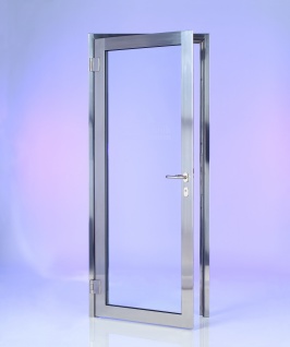 SG20 glass single doorset in mirror polished stainless steel. Toughened glazing, mortice lock and lever handles. Other options are available